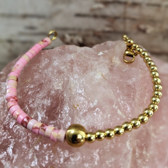 Natural Pink Sea Sediment Imperial Jasper In Assymetrical Bracelet - Picture 1 of 5